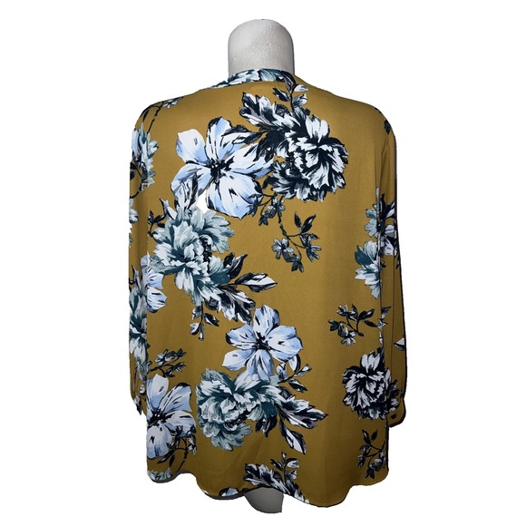 Van Heusen Top Women's Size XXL Mustard Blue Floral 3/4 Sleeve Pullover Blouse - Picture 5 of 10